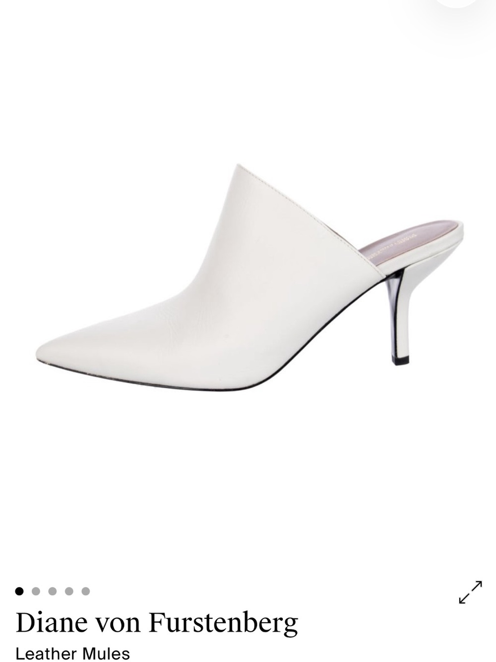 Diane von Furstenberg White Pointed-Toe Leather Mule with Kitten Heel
